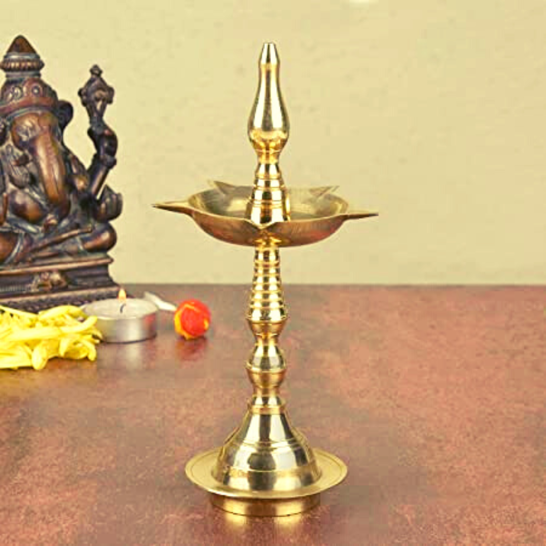 Homefrills Brass Fancy Kerala Diya Oil Lamp Stand for Puja Home Decoration Items Temple Festival Gifts Indian Puja Articles DÃ©cor (Size-8 Inch)